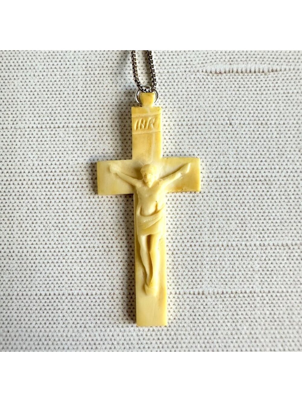 Carved Bone Crucifix Pendant Vintage Religious Cross Necklace, Sterling Bail
